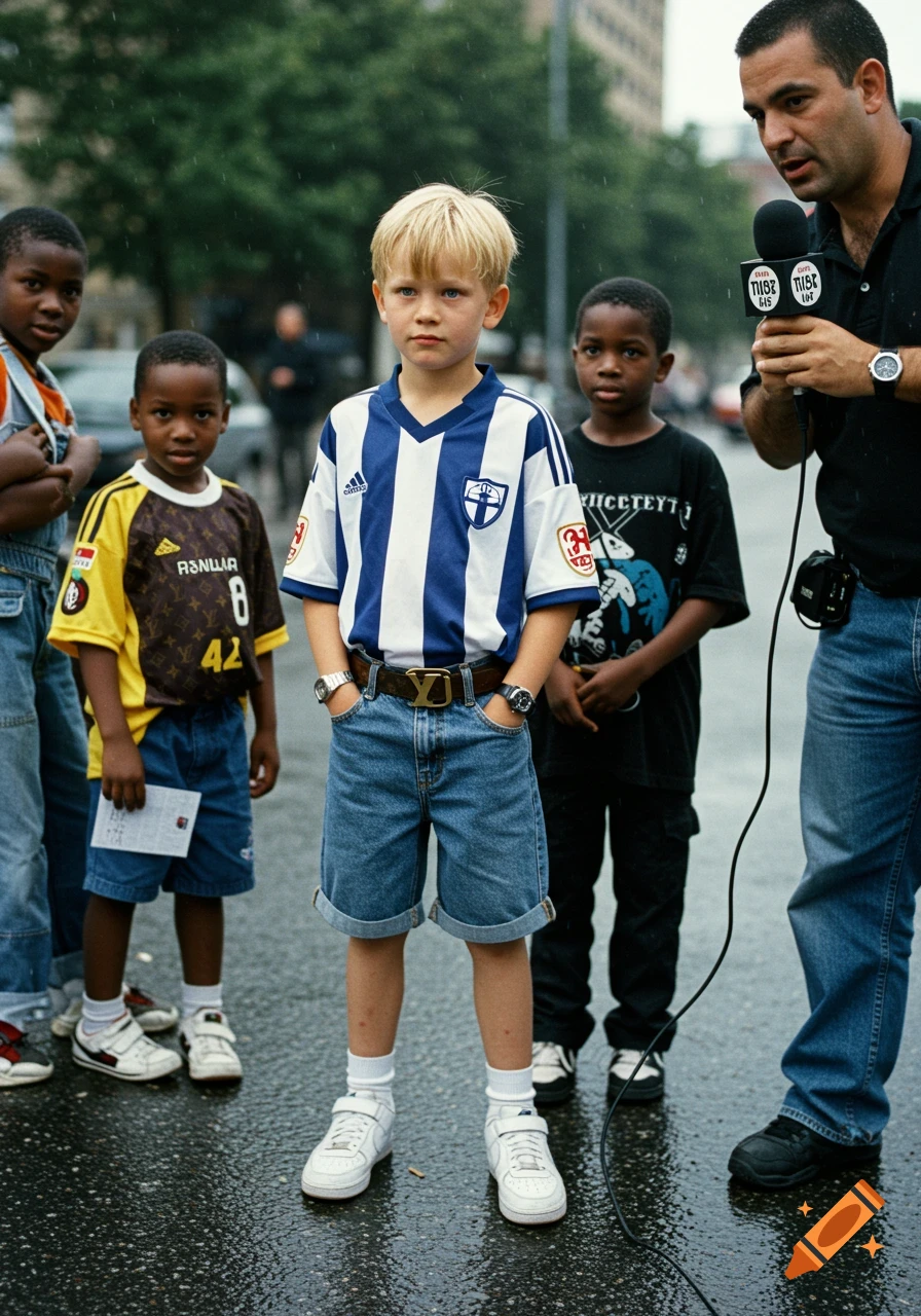1990s photo of a blond boy in a blue and white striped soccer jersey with two watches and a brown belt, standing on a wet street with hands in pockets. Three other boys and a man with a microphone are around him.