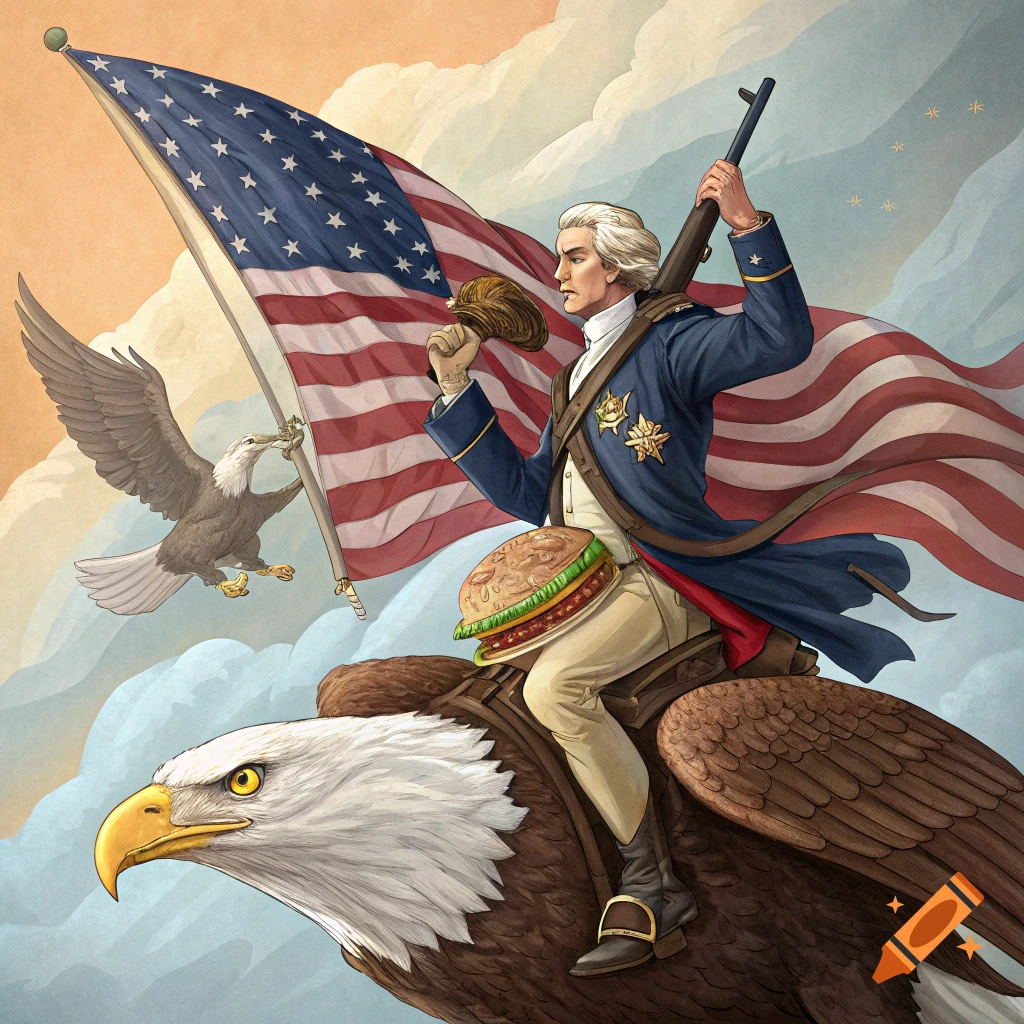 George Washington rides a bald eagle, holding a rifle and his hat. An American flag flies behind him, and a smaller eagle carries the flag pole. A hamburger is strapped to the saddle.