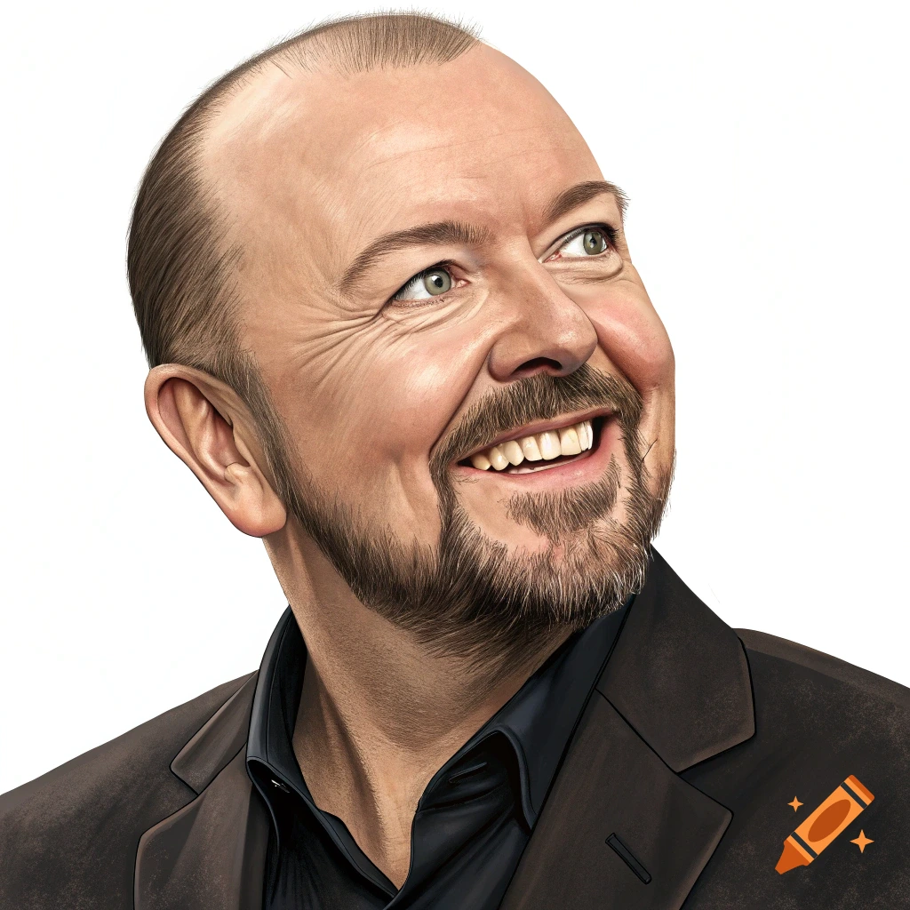 Stylized portrait of Ricky Gervais, bald and bearded, looking up and smiling warmly.