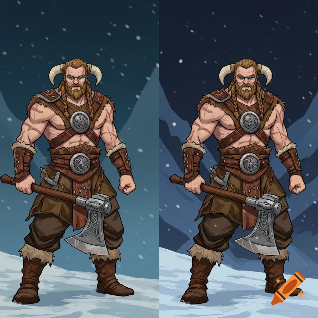 A muscular, bearded Viking-like warrior with horned helmet and axe, standing in snow. Vector art style.