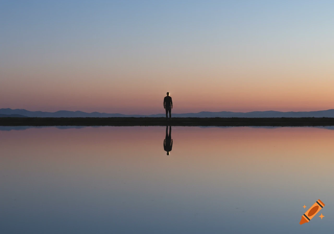 Photorealistic image of a silhouetted person standing on a narrow strip of land, reflected in a still lake at dawn or dusk.