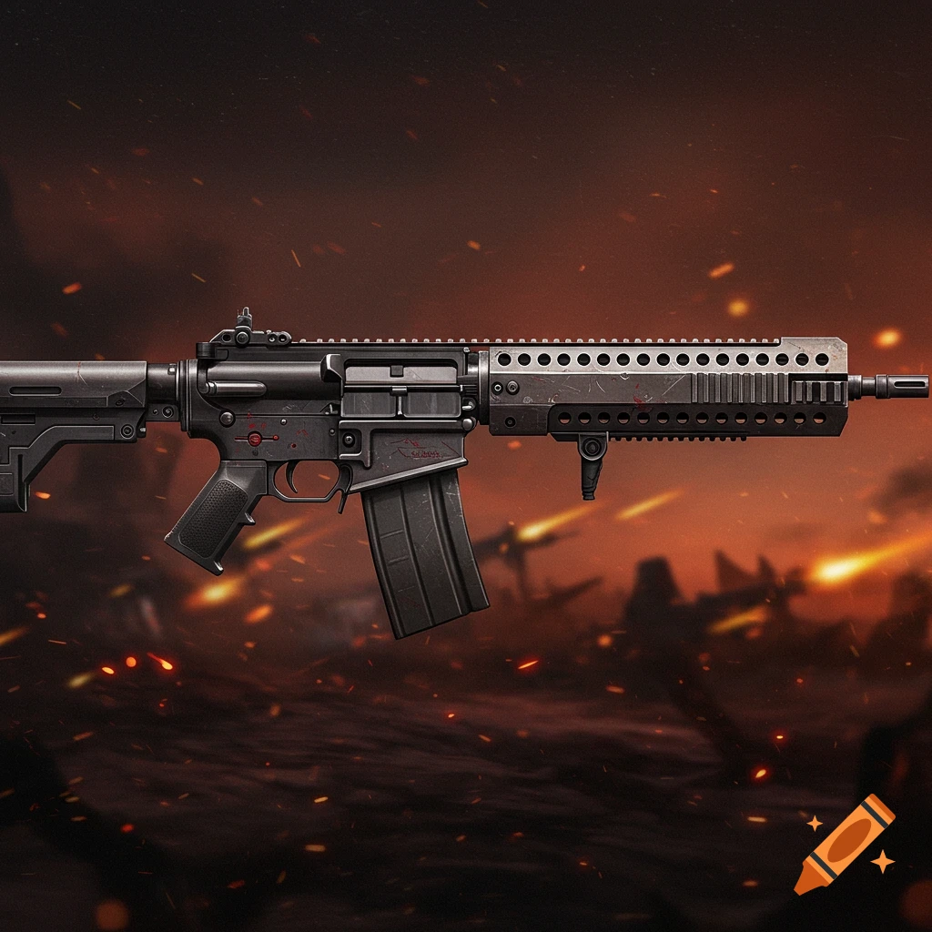 A detailed M16-style assault rifle with a dark finish against a fiery, explosive background.