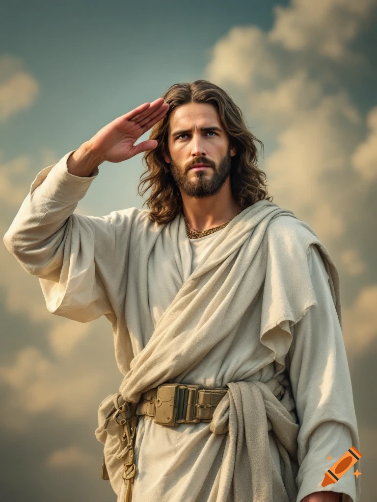 Photorealistic portrait of Jesus with long brown hair and beard, wearing a robe and tactical belt, giving a military salute under a cloudy sky.