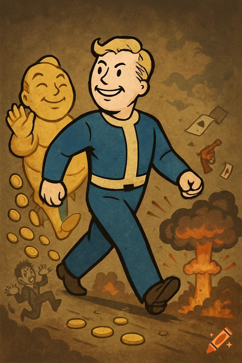 Retro cartoon of Fallout's Vault Boy walking, with a fortune spirit and coins behind him, and chaos in his shadow.