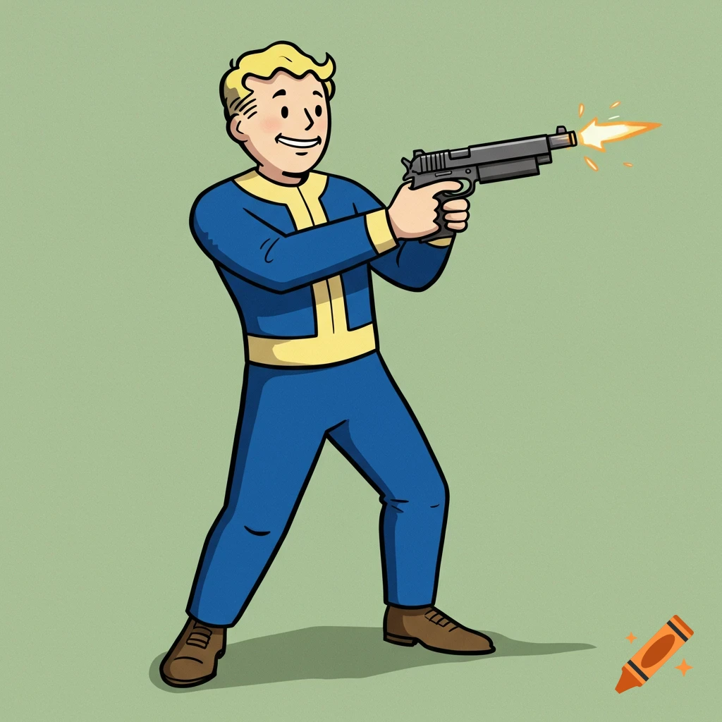 Vault Boy in a blue jumpsuit shooting a pistol with a muzzle flash, in a cartoon style.