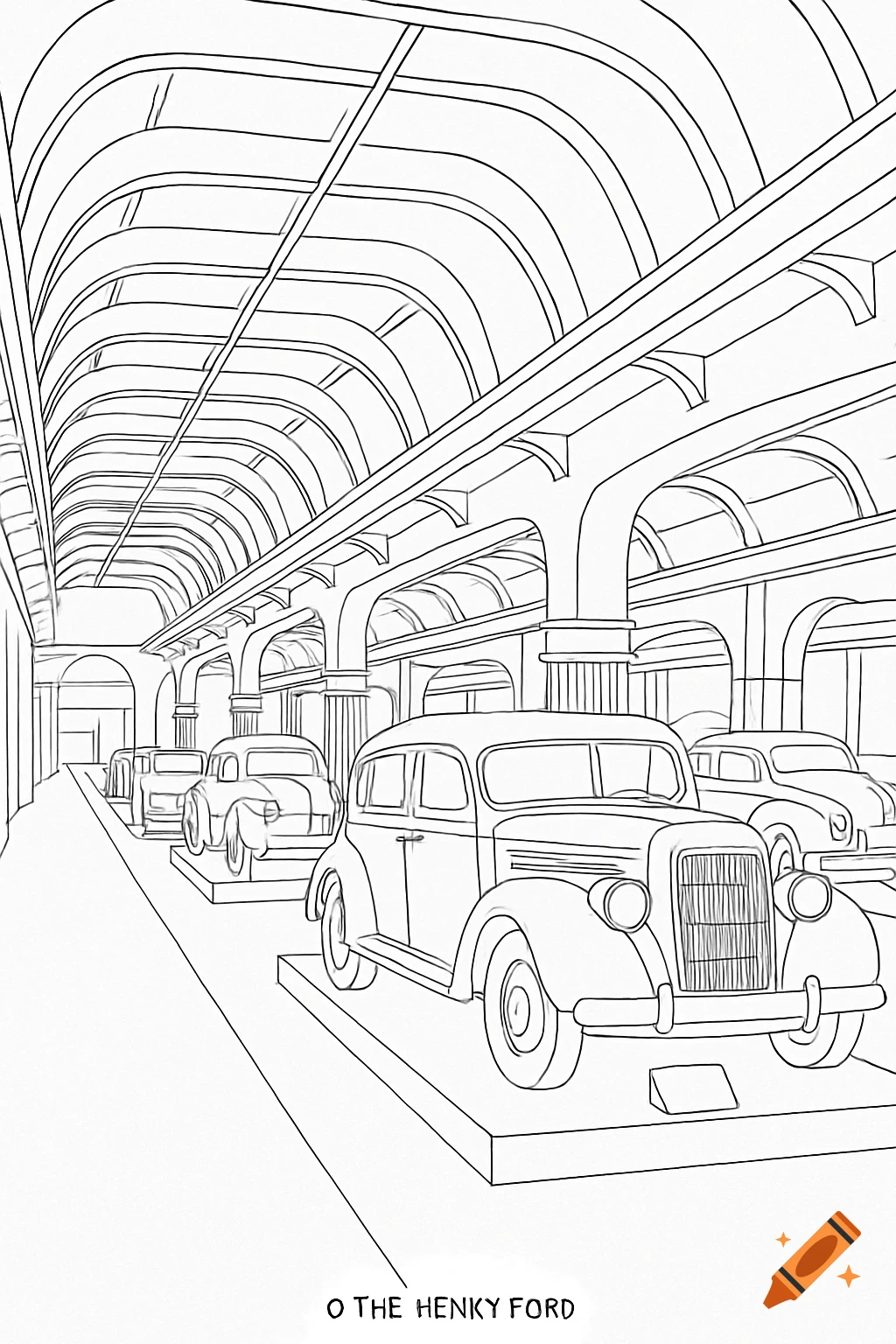 A black and white line art coloring page showing vintage cars displayed inside a museum with an arched ceiling.