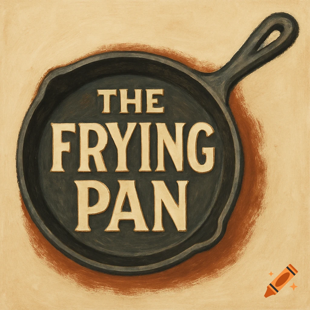 A vintage-style logo of a cast iron frying pan with the words THE FRYING PAN inside.