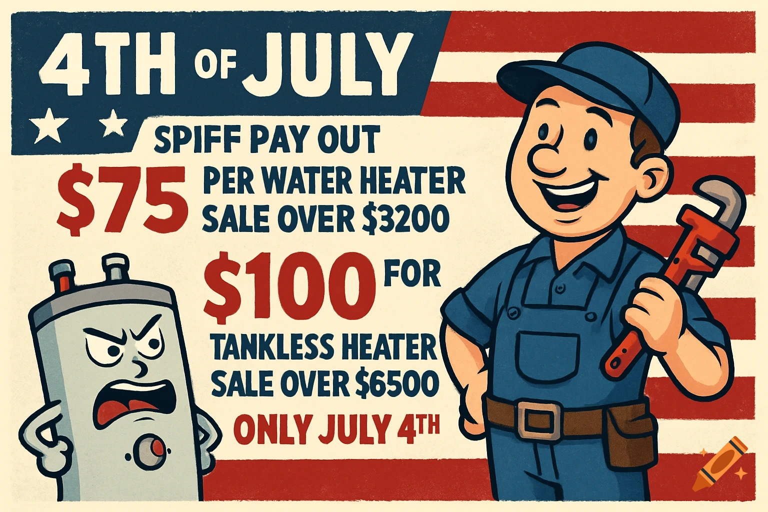A retro-style 4th of July advertisement featuring a smiling cartoon plumber holding a wrench next to an angry cartoon water heater. The text offers promotions for water heater sales.