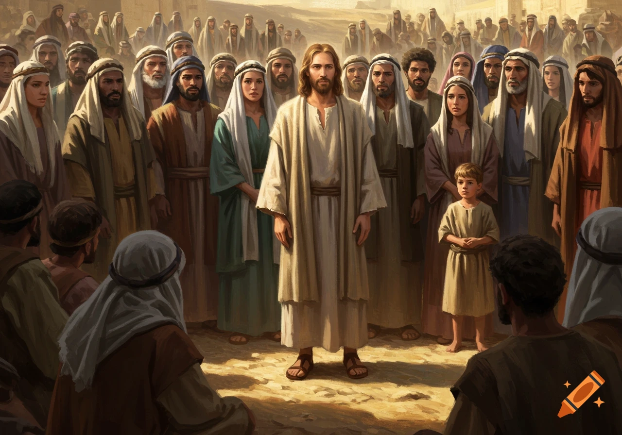 A digital painting of Jesus standing among a large crowd of people in an ancient, sunny outdoor setting.