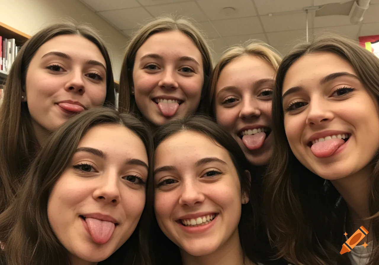 Six playful teenage girls take a selfie, sticking out their tongues in a library setting.