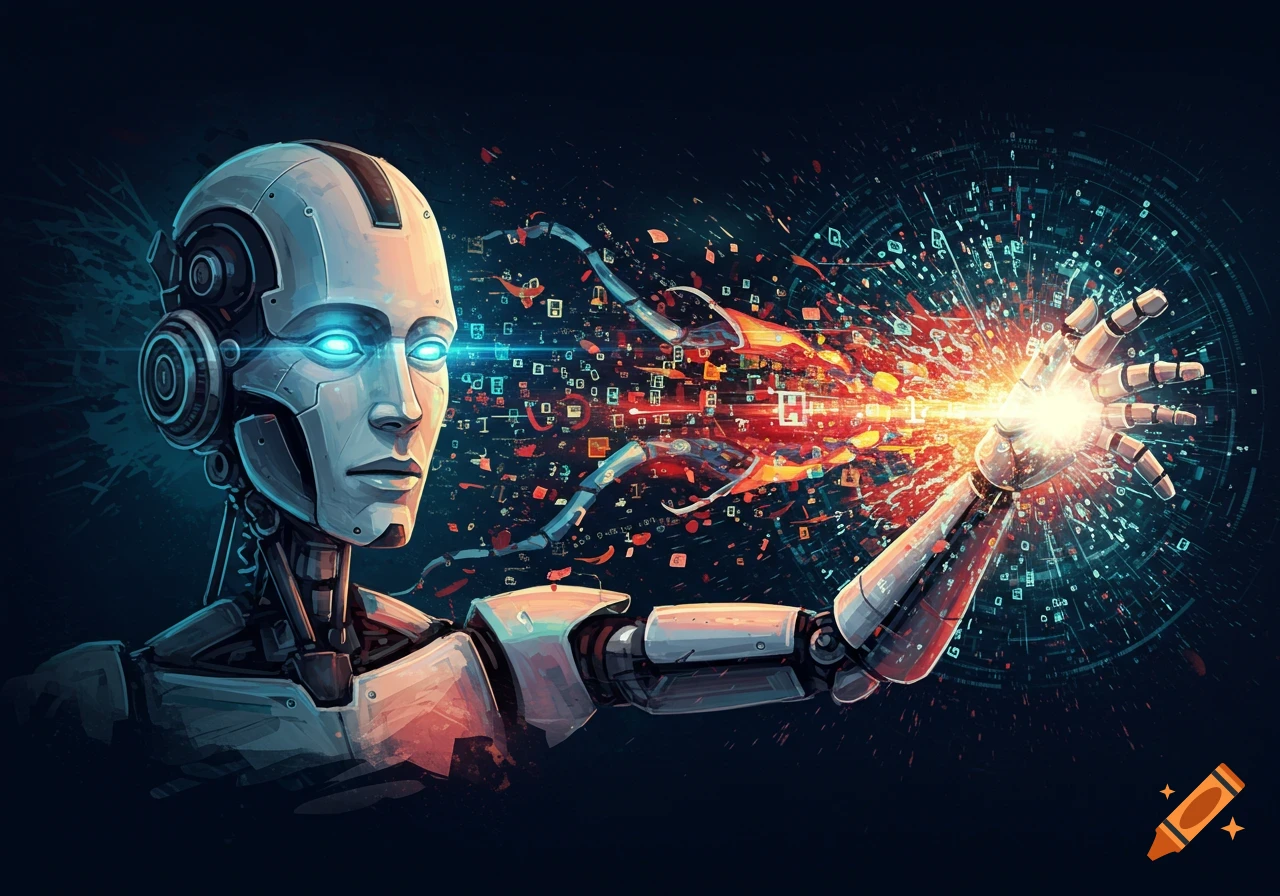 A stylized futuristic robot with glowing blue eyes extends its hand, from which a burst of light and digital data particles emanates against a dark background with circuit patterns.