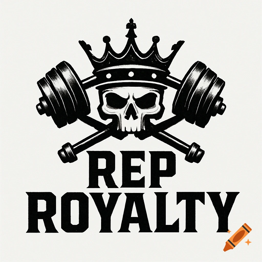 Black and white logo of a skull wearing a crown with crossed barbells behind it, above the text 'REP ROYALTY'.