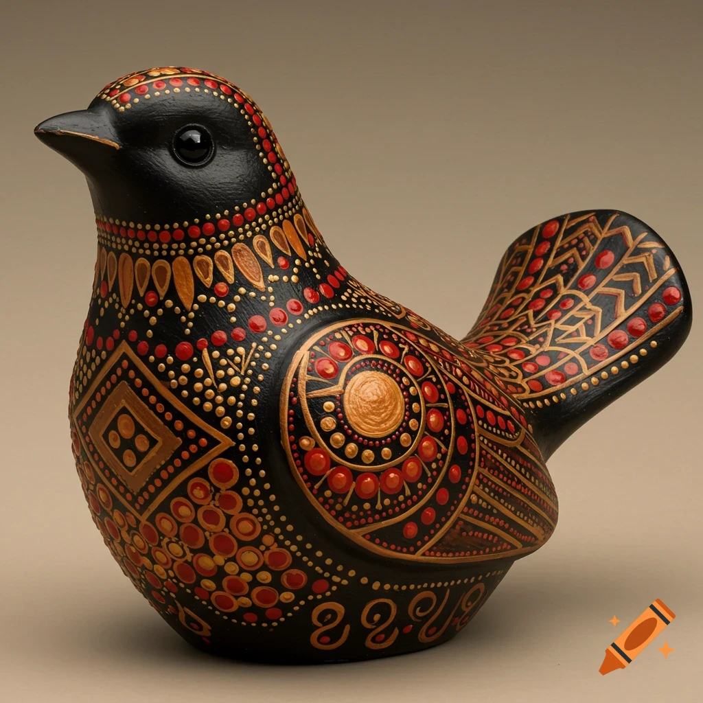A ceramic bird figurine painted in black with intricate red and gold tribal-inspired dot art patterns on a neutral background.