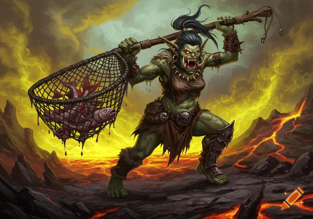 A fierce green-skinned female orc carries a net of fish guts and a staff, standing on volcanic ground under a fiery sky in a fantasy illustration.