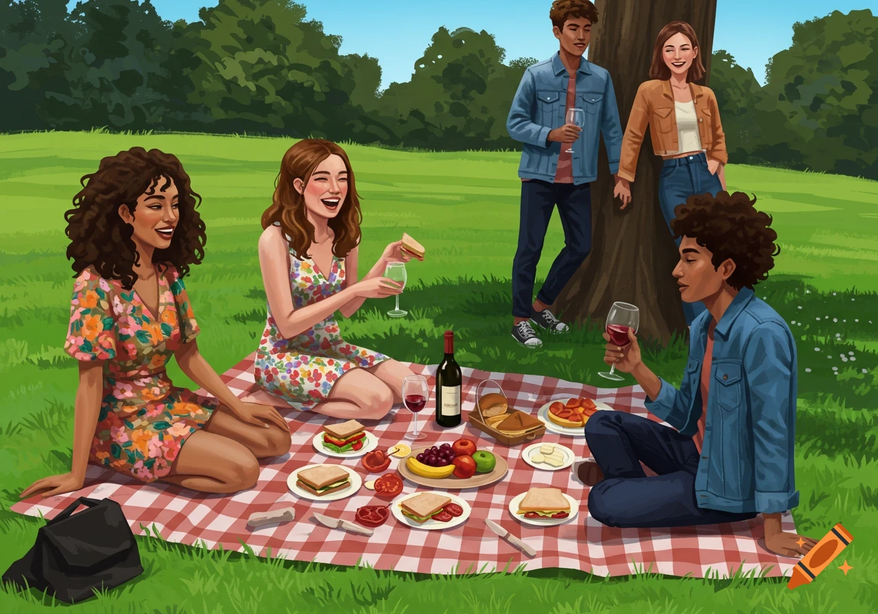 A group of friends enjoys a picnic in a park with food and drinks on a red and white checkered blanket, in a digital painting style.