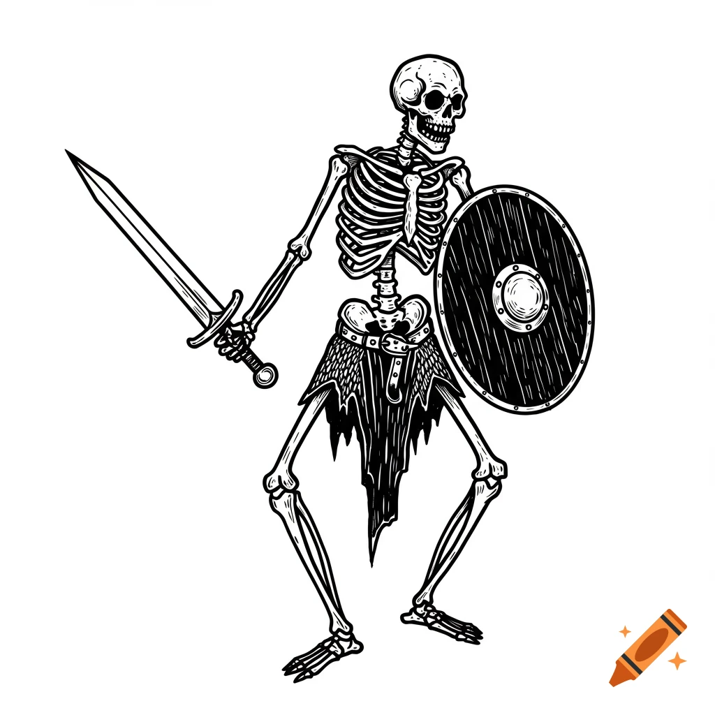 A black and white line art illustration of a skeleton warrior holding an ancient sword and shield.