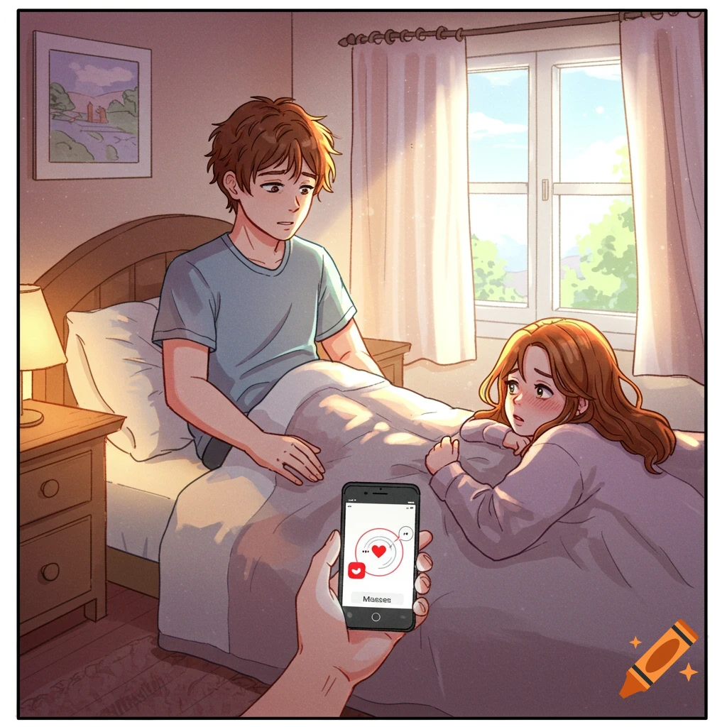 Anime style illustration of a man sitting on a bed looking at a woman lying beside him, while a hand in the foreground holds a phone.