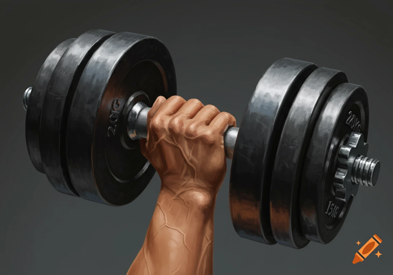A muscular, veiny hand gripping a heavy black dumbbell against a dark background.