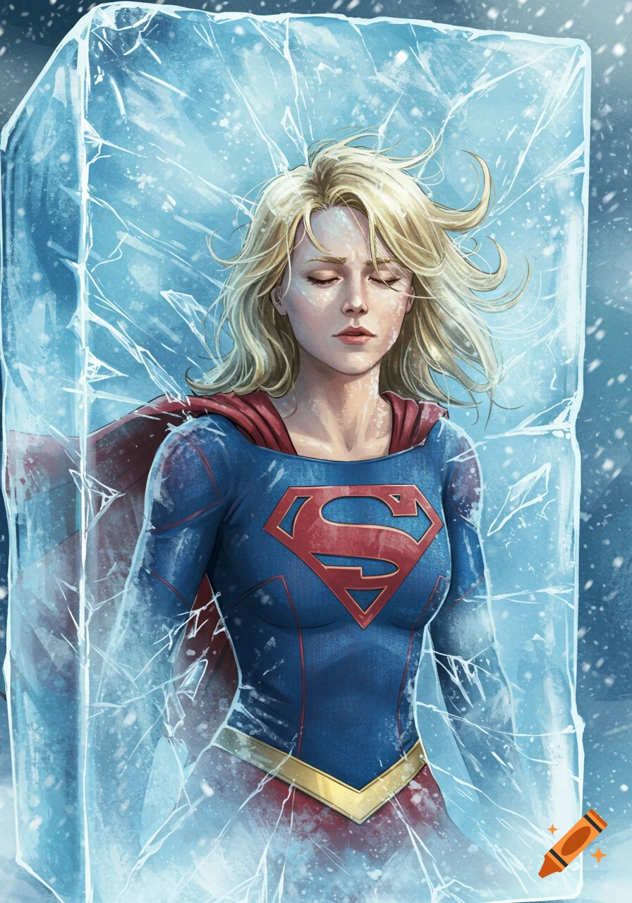 Supergirl with blonde hair in her blue and red suit, frozen inside a large block of ice, with snow falling around her.