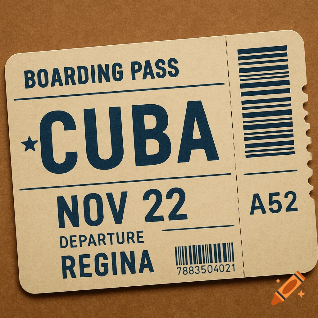 A vintage-style boarding pass for Cuba, dated November 22, departing Regina, on a brown background.