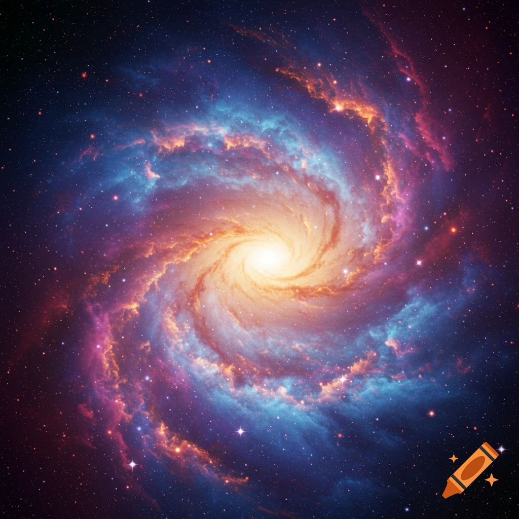 A vibrant spiral galaxy with a bright yellow core, surrounded by swirling blue, pink, and orange nebulous arms and scattered stars.