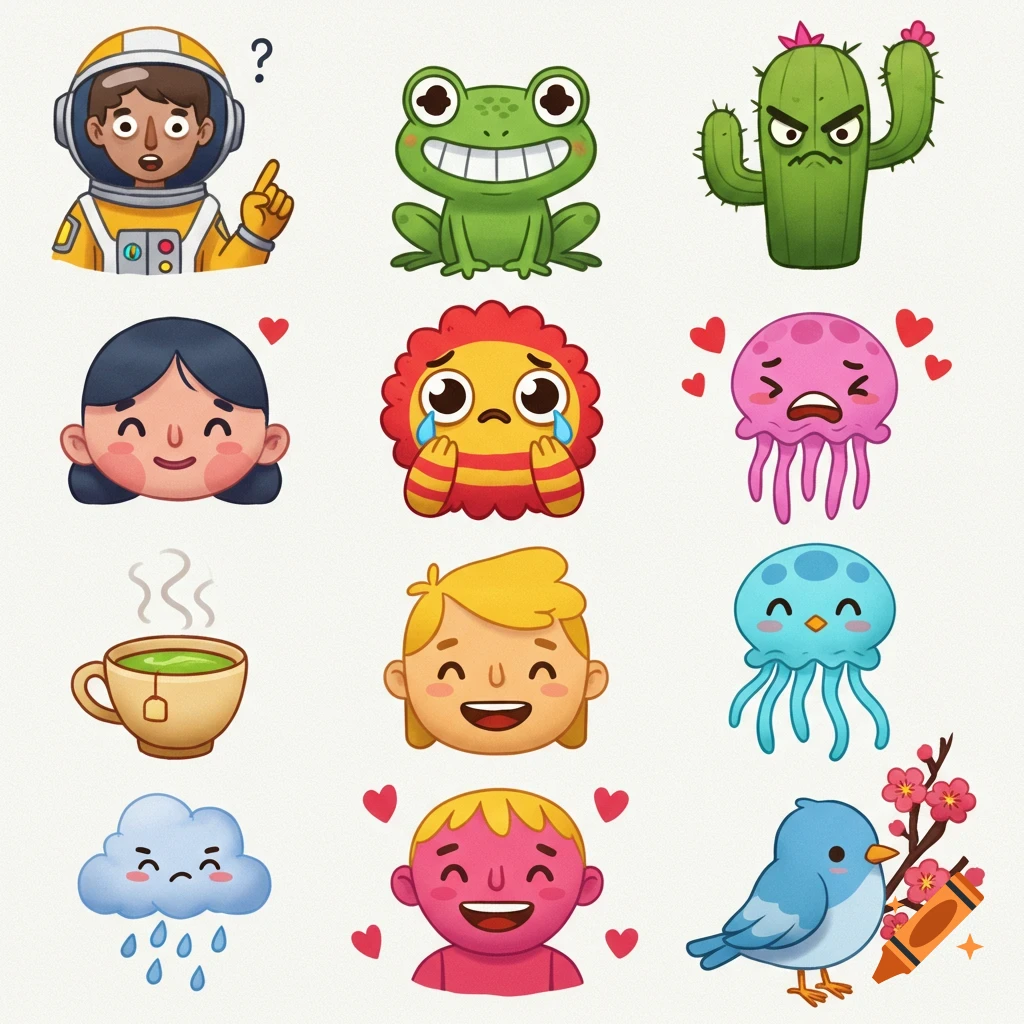 A grid of colorful cartoon emojis including an astronaut, a frog, a cactus, faces, jellyfish, a teacup, a cloud, and a bird.