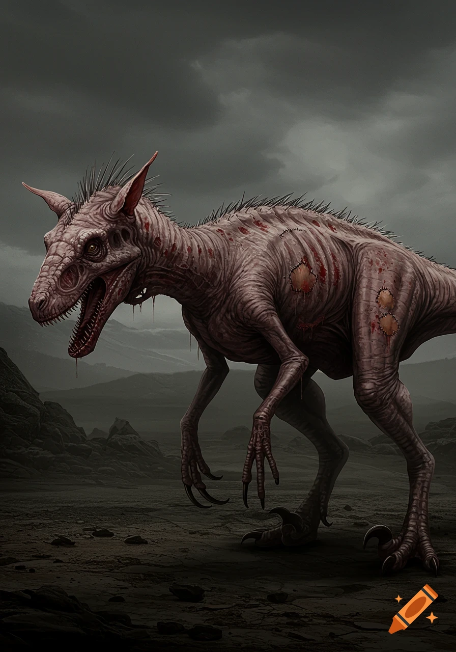 A gaunt, monstrous velociraptor-like creature with visible ribs, patched skin, and pointed ears stands in a desolate, dark landscape under a cloudy sky.