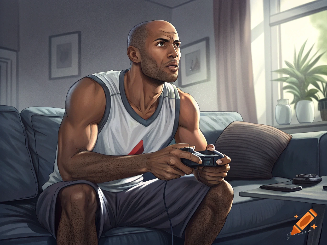 A bald man in a tank top and shorts intently plays a video game on a couch, holding a controller. Digital art style.