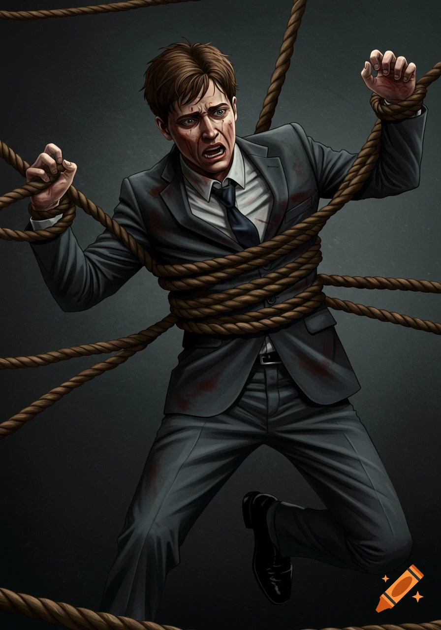An illustration of a young man in a business suit, bound by ropes, with a distressed expression.