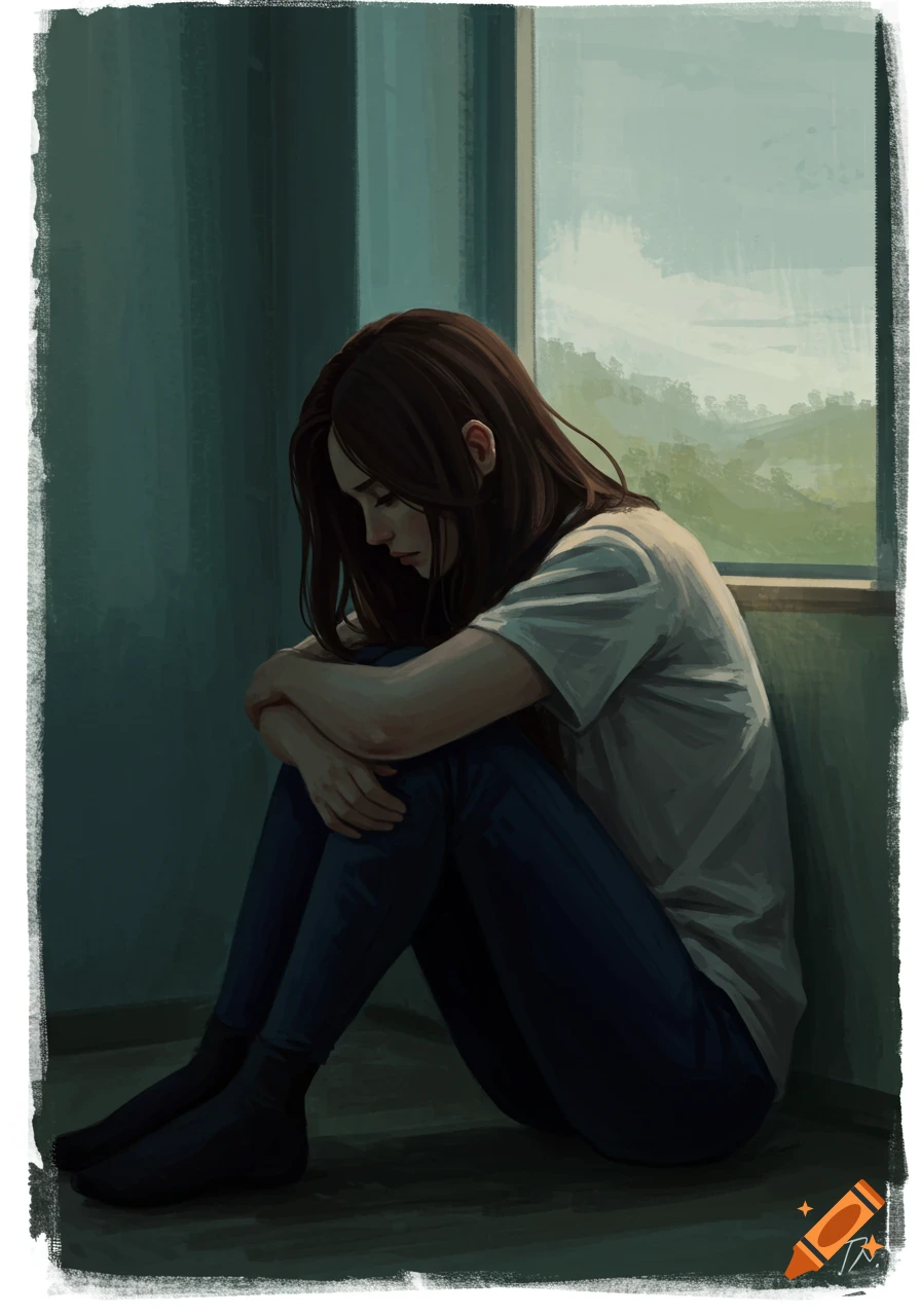 A melancholic woman with long brown hair sits on the floor by a window, head down, in a painterly style.