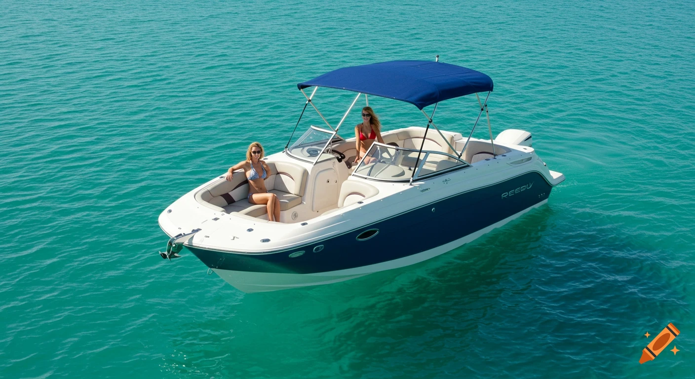 Two women in bikinis relax on a blue and white boat with a blue bimini top on turquoise water.