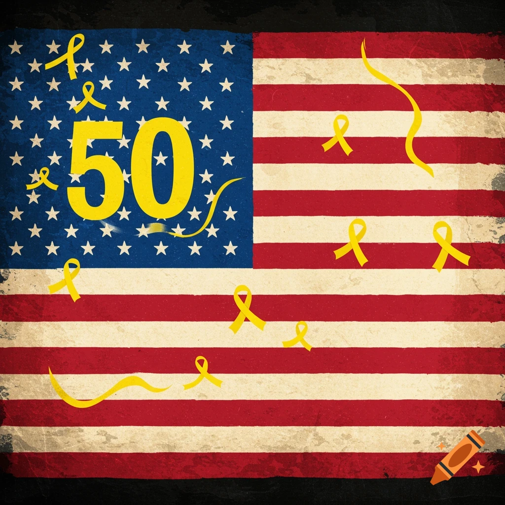 A distressed USA flag with a large yellow '50' and yellow ribbons scattered across the red and white stripes.