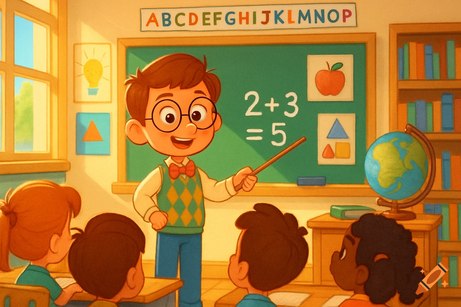 A cheerful cartoon boy in glasses teaches math to young students in a sunny classroom with a chalkboard, globe, and books.