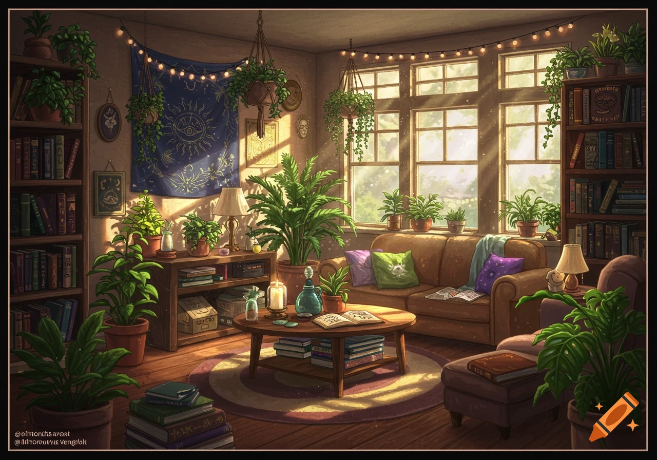 A cozy, sunlit living room filled with lush green plants, bookshelves, and comfortable furniture in a warm, illustrated style.