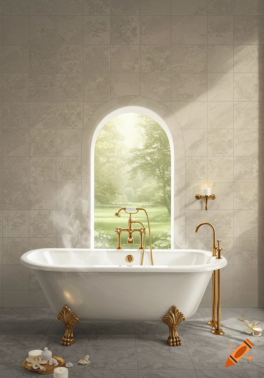 A luxurious bathroom with a white clawfoot bathtub and golden fixtures. An arched window overlooks a sunny green garden. Steam rises from the tub.