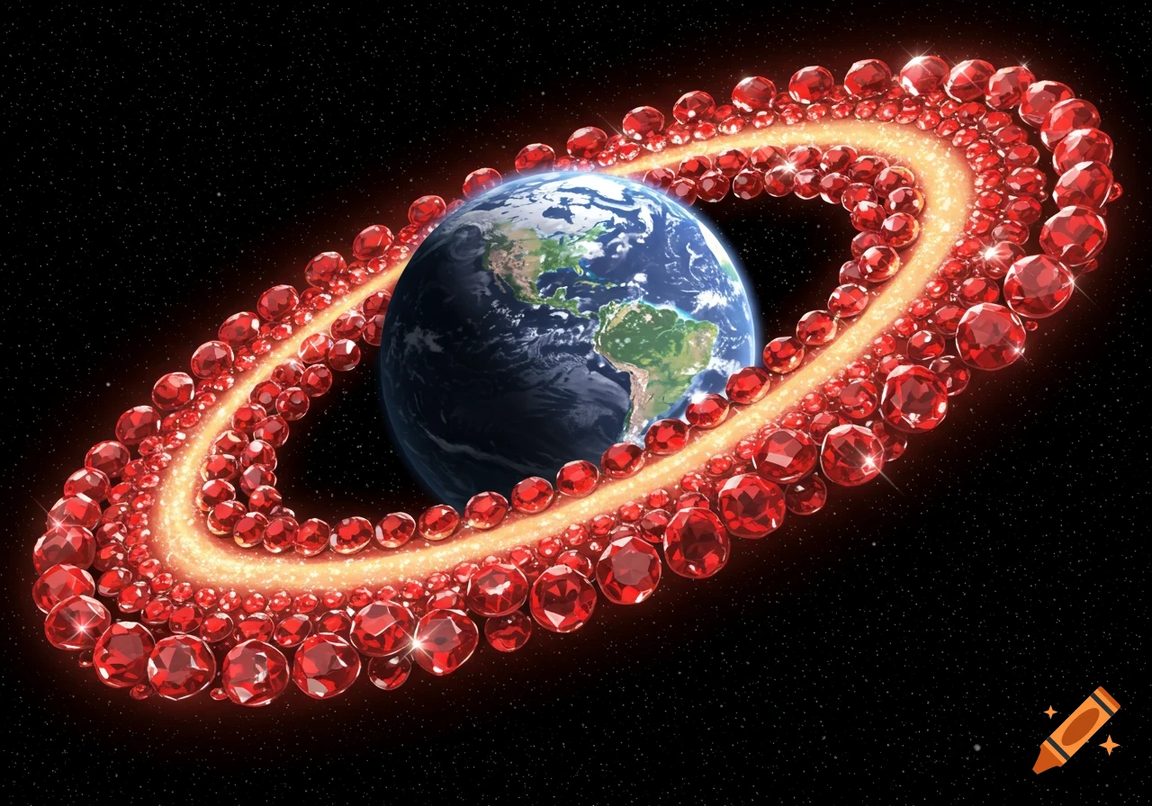 Earth with a glowing ring of red rubies in outer space.