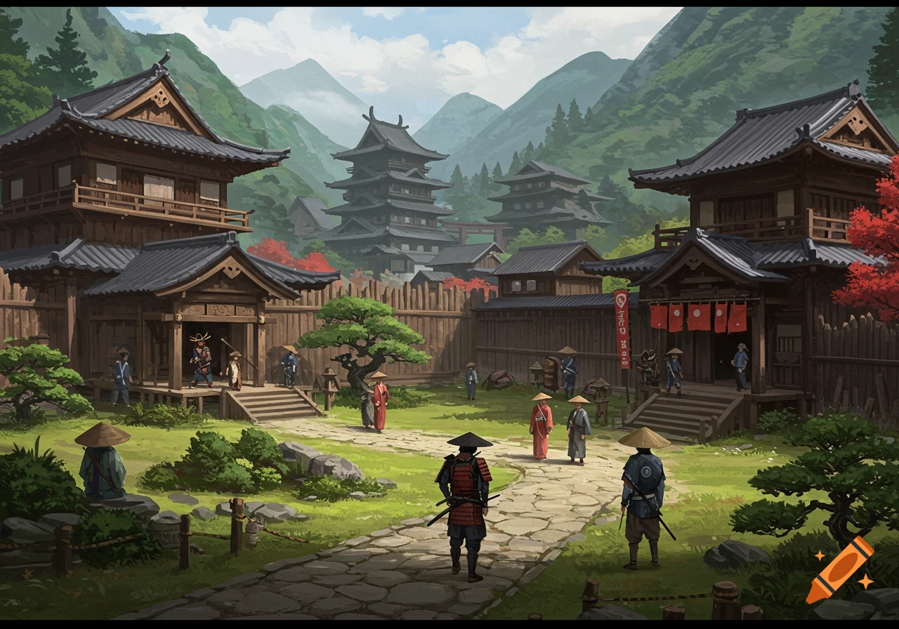 Vibrant illustration of a feudal Japanese village with traditional wooden buildings, people, and mountains in the background.