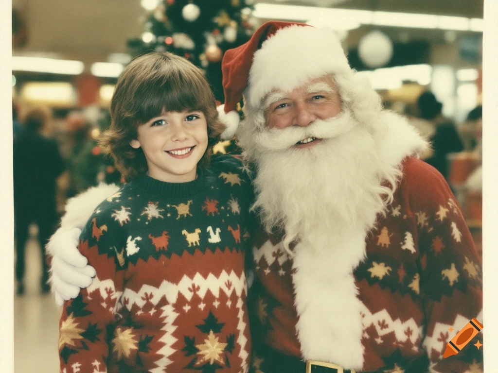A smiling young boy in a Christmas sweater poses with Santa Claus in a shopping center, in the style of a 1970s Polaroid photo.