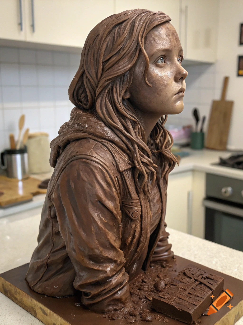 Hyper-realistic chocolate bust of Abigail Breslin with long hair and a jacket, on a kitchen counter.
