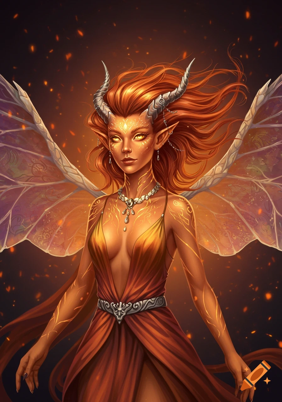 A striking female dragon hybrid with glowing golden eyes, horns, iridescent wings, and molten lava vein patterns, wearing a red-gold gown amidst embers.