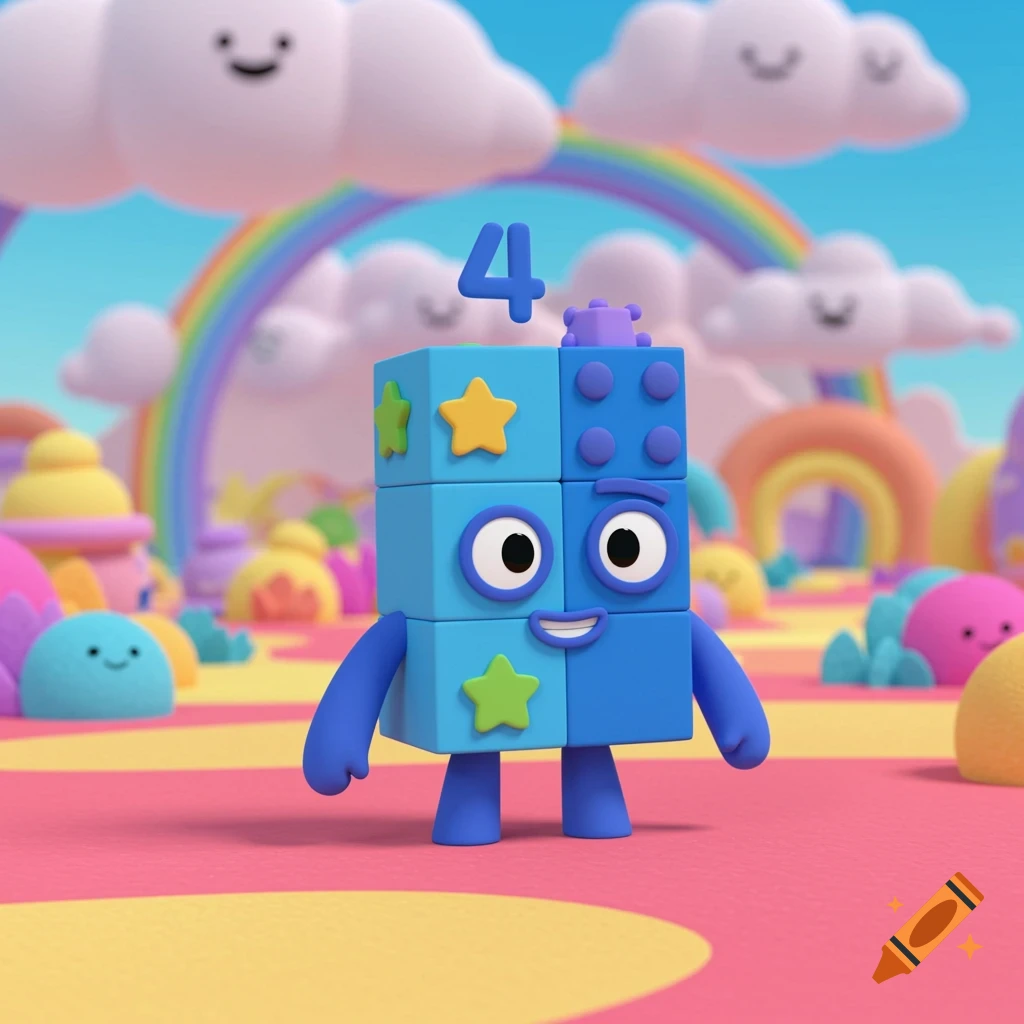 A blue block character, Numberblock 4, stands in a colorful, whimsical landscape with smiling clouds and a rainbow.
