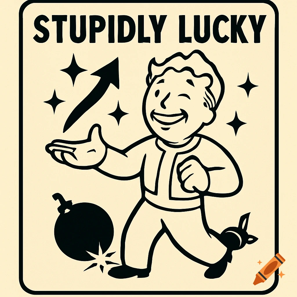 Black and white illustration of Fallout's Vault Boy with an upward arrow, stars, a bomb, and the text 'STUPIDLY LUCKY'.