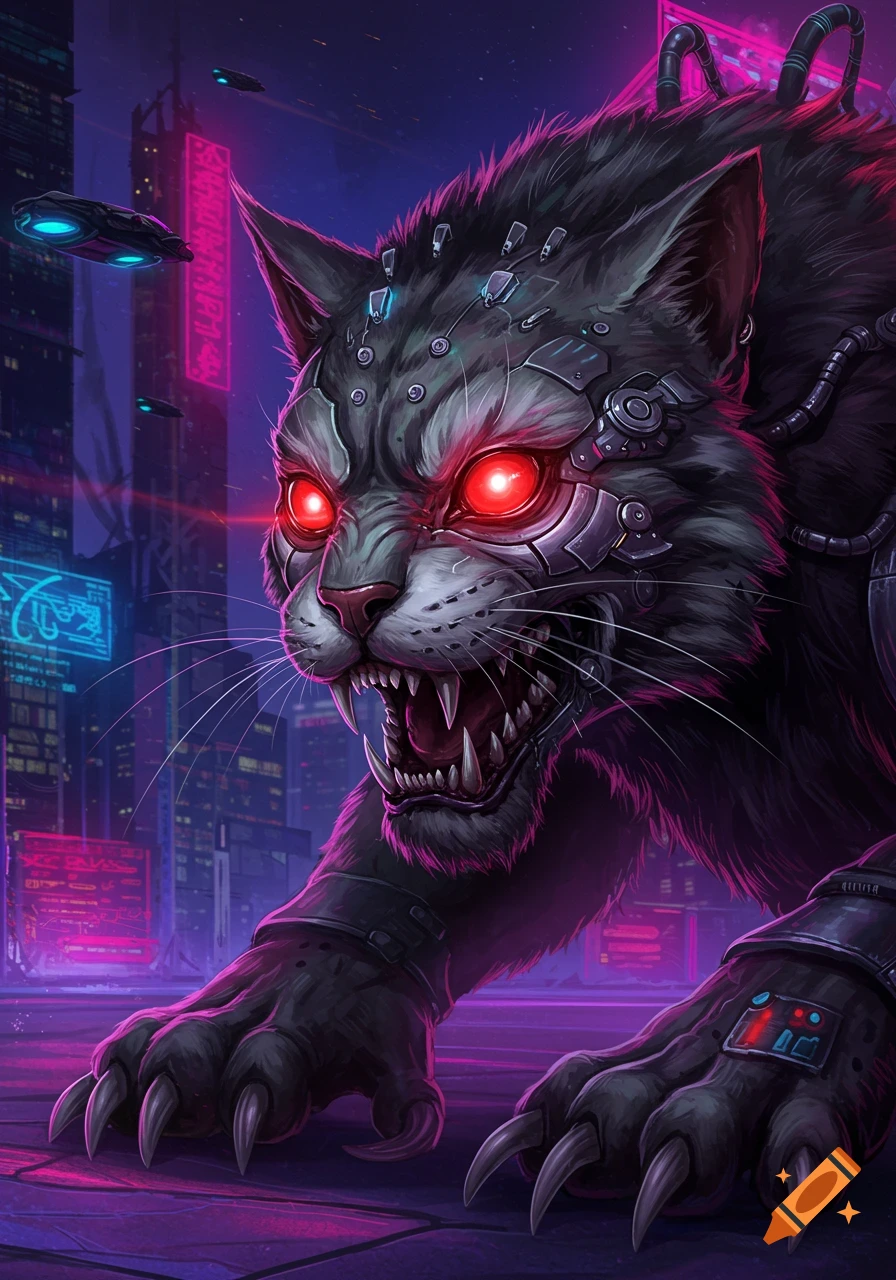 A monstrous cybernetic cat creature with glowing red eyes and bared fangs in a neon-lit cyberpunk city.