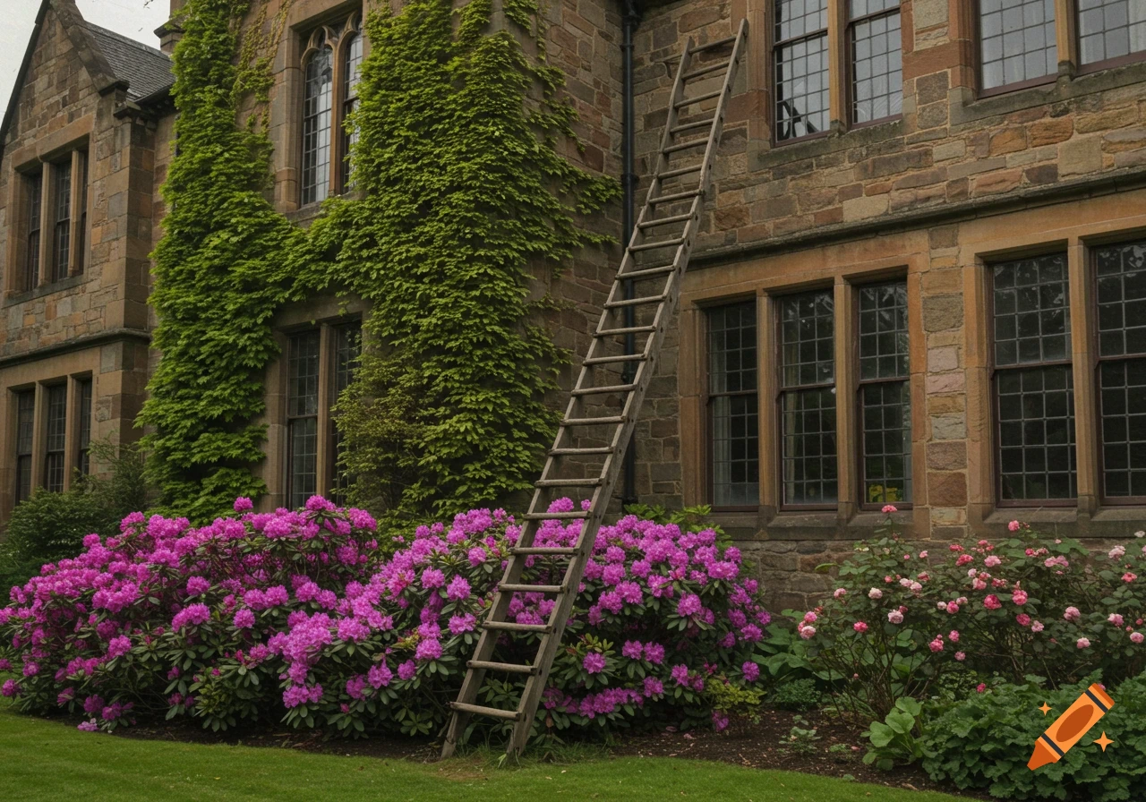 A wooden ladder leans against the ivy-covered stone wall of a Scottish mansion, surrounded by vibrant pink flowers.