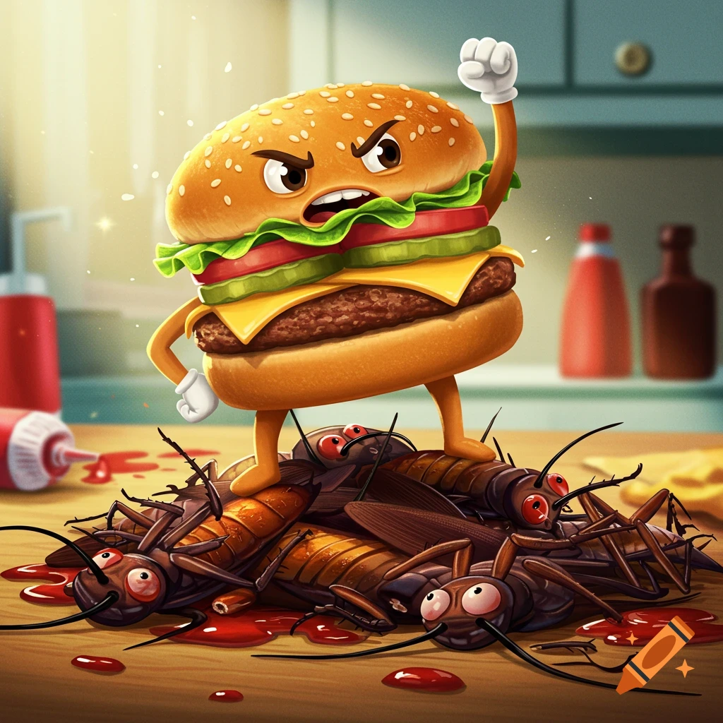 Animated angry burger standing victoriously on a pile of stylized dead cockroaches in a kitchen.