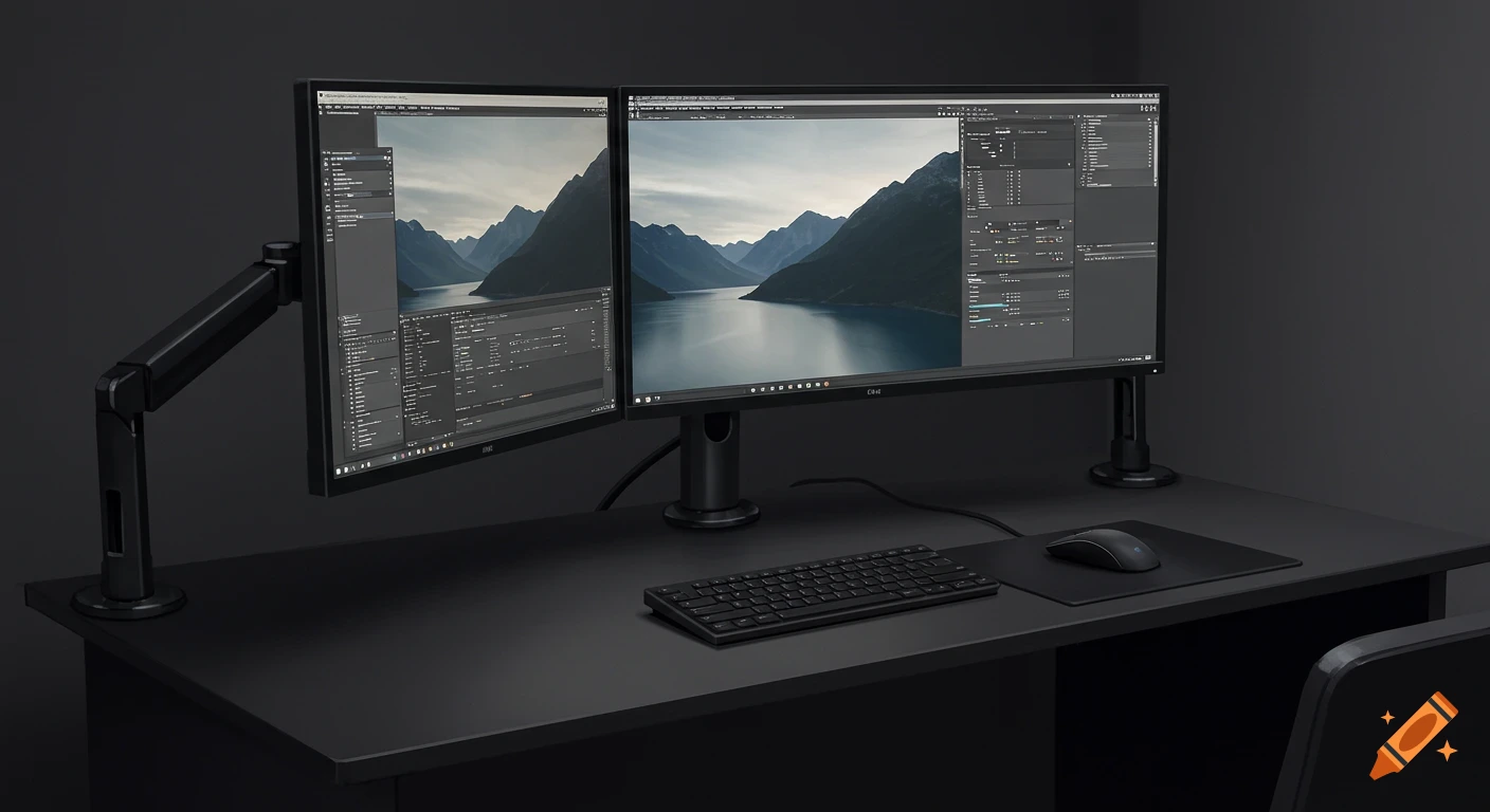 A black desk with two large flat monitors mounted on monitor arms, displaying a landscape image and user interfaces, with a keyboard and mouse.