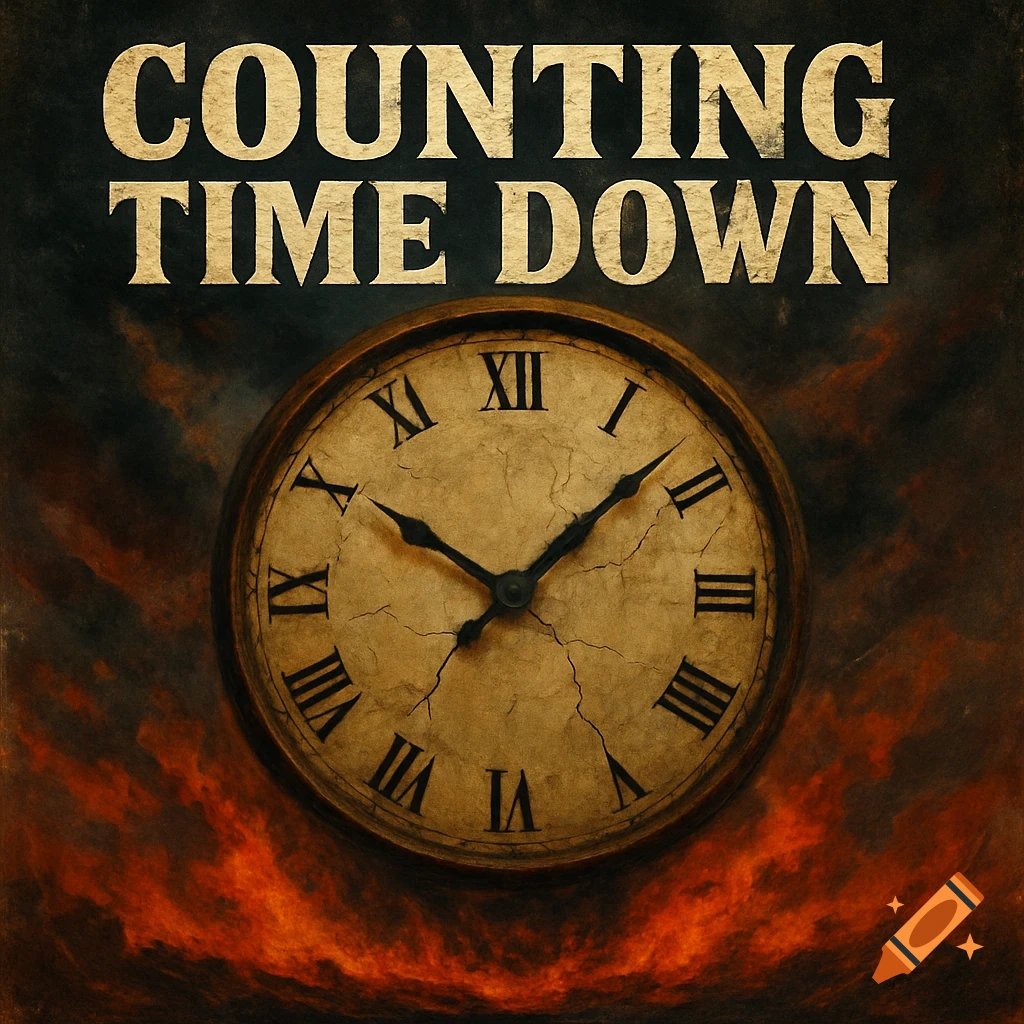 A vintage-style clock with Roman numerals set against a dark, smoky background with fiery elements, and the text "COUNTING TIME DOWN" above.