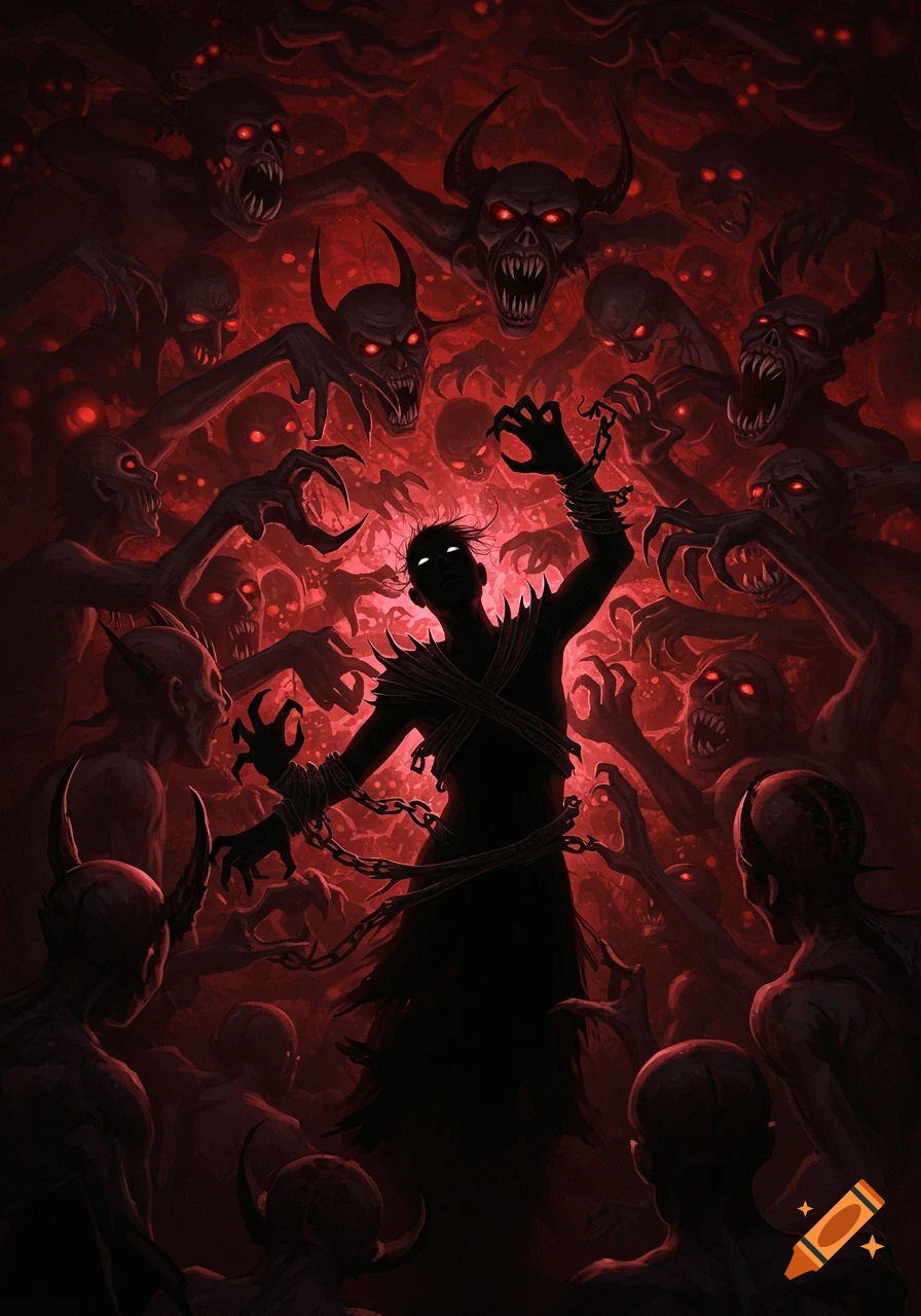 A dark, chained figure breaking free from a horde of red-eyed demons in a hellish, red-lit scene.
