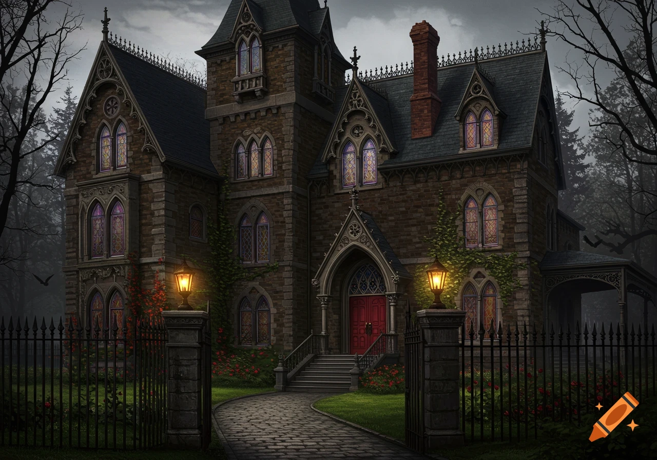 An elegant Gothic Victorian manor with dark brick walls, arched stained-glass windows, and ivy, seen from a cobblestone path leading to a red double door.