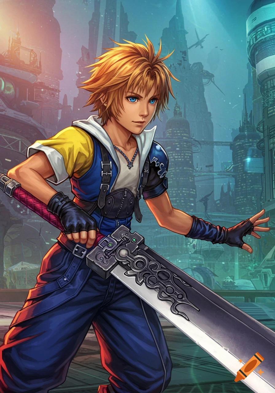 Anime-style illustration of Tidus from Final Fantasy X, a blonde male character with blue eyes, holding his Brotherhood sword in a futuristic city.